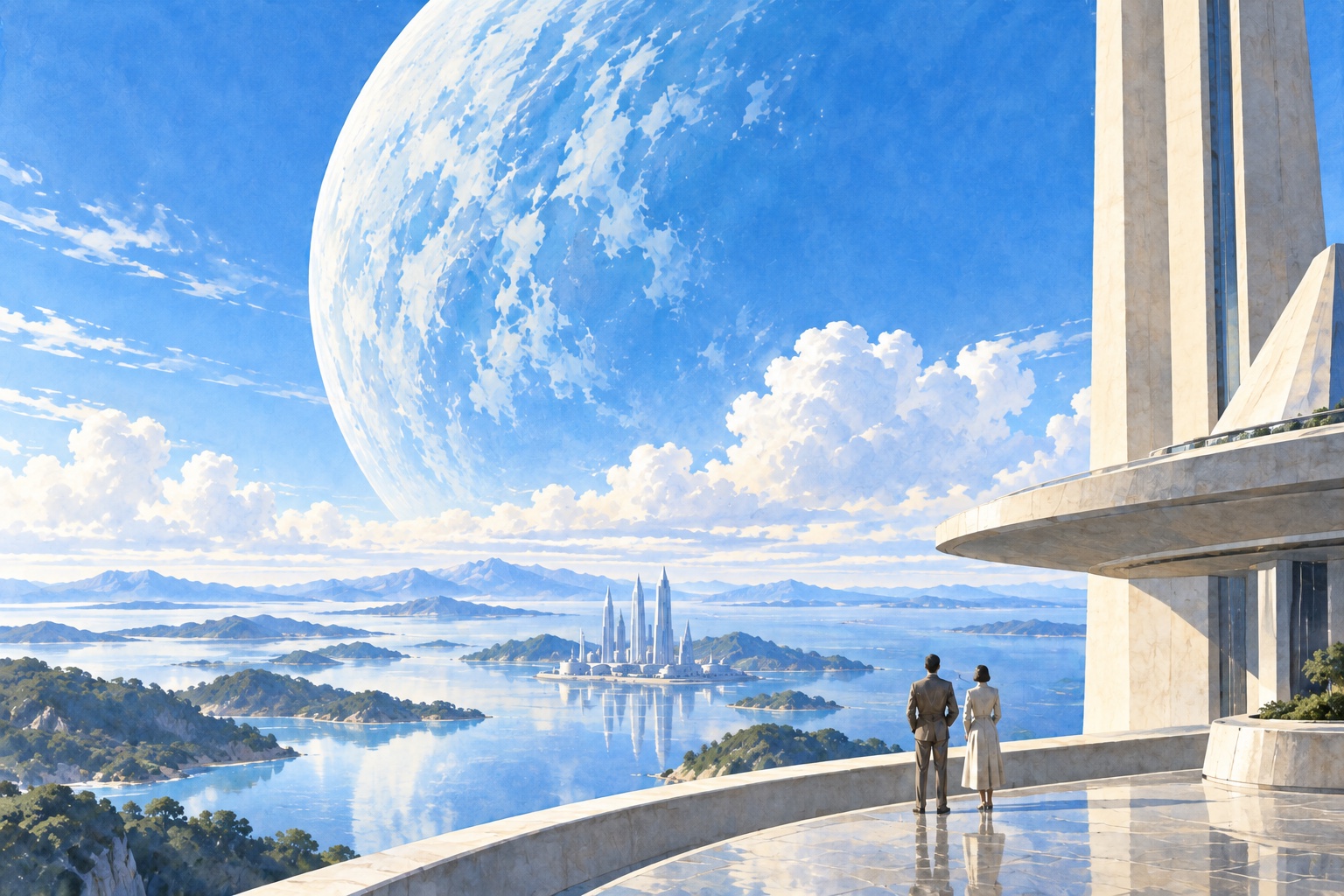 Two people on a monumental terrace look toward a blue, futuristic world beneath an immense planet.